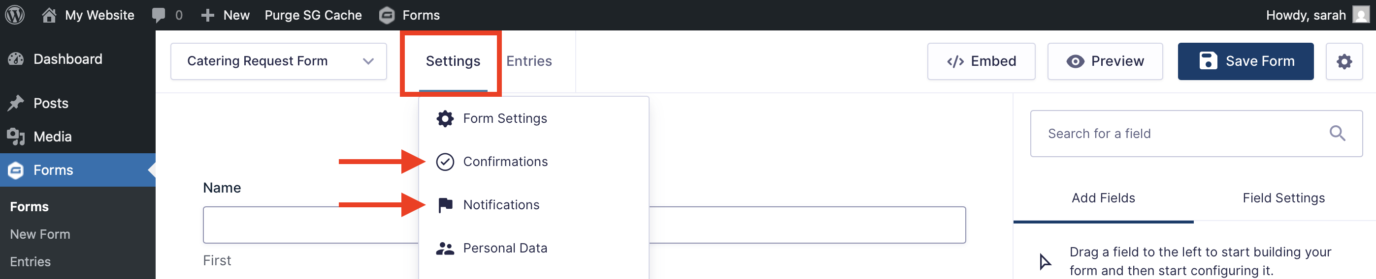 restaurant form settings